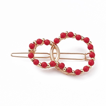 Alloy Hollow Hair Barrettes, Ponytail Holder Statement, with Glass Beads and Brass Beads, Light Gold, Red, 60.5x32x8mm