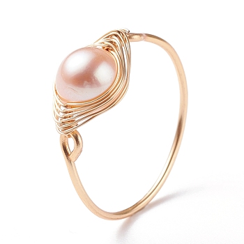 Natural Round Shell Pearl Beads Finger Ring, Wire Wrap Copper Ring for Women, Golden, Pearl Pink, US Size 10 1/4(19.9mm)