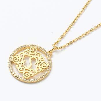 Brass Micro Pave Clear Cubic Zirconia Pendant Necklaces, Flat Round with Letter, Real 18K Gold Plated, Letter.S, 16.14~17.20 inch(41~43.7cm)