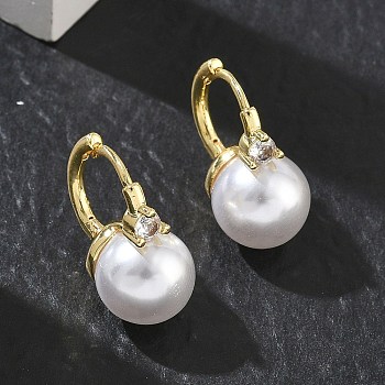 Brass Micro Pave Cubic Zirconia Hoop Earrings for Women, Round, with ABS Imitation Pearl, Rack Plating, Long-Lasting Plated, Lead Free & Cadmium Free, Real 18K Gold Plated, 20x14x10mm