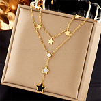 304 Stainless Steel Cubic Zirconia Pendant Necklaces, with Shell, Golden, Star, 16.54 inch(42cm)(FS-WG8DFC4-06)