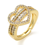 Rack Plating Brass Micro Pave Cubic Zirconia Open Cuff Rings, Real 18K Gold Plated, Heart, Adjustable(RJEW-K266-08A-G)