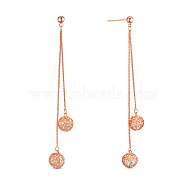 SHEGRACE Brass Cubic Zirconia Dangle Stud Earrings, with Curb Chains and Hollow Round Beads, Rose Gold, 76mm(JE747A)