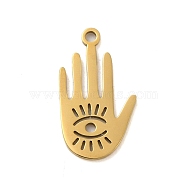 304 Stainless Steel Pendants, Laser Cut, Real 18K Gold Plated, Palm, 19x10.5x1mm, Hole: 1mm(STAS-S123-03G-08)