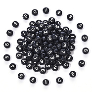 Black Opaque Acrylic Beads, Flat Round with White Number, 7x3.5mm, Hole: 1.2mm, about 100pcs/bag.(SACR-YW0001-16A)