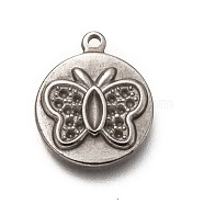 304 Stainless Steel Pendant Rhinestone Settings, Flat Round with Butterfly, Stainless Steel Color, Fit for 0.8mm Rhinestone, 17x14x2.5mm, Hole: 1.4mm(STAS-H123-24P)