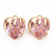 Brass Micro Pave Cubic Zirconia Charms, Real 18K Gold Plated, Nickel Free, Heart, Pink, 13x11x7.5mm, Hole: 1.6mm(KK-N232-302A-09)