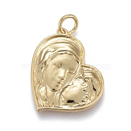Brass Pendants, with Jump Rings, for Mother's Day, Long-Lasting Plated, Heart with Mother and Son, Real 18K Gold Plated, 20.5x17x2.5mm, Hole: 3mm(ZIRC-M108-57G)
