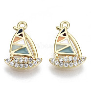 Brass Micro Pave Cubic Clear Zirconia Charms, with Enamel, Nickel Free, Boat, Real 18K Gold Plated, Colorful, 12x9x2.5mm, Hole: 1mm(KK-N232-120-NF)