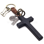 Wood Cross Pendant Keychain, with Alloy Findings and Cowhide, Black, 16cm(PW-WG18596-02)