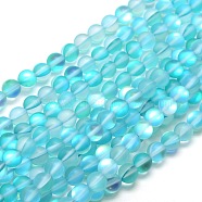 Synthetic Moonstone Beads Strands, Holographic Beads, Half AB Color Plated, Frosted, Round, Cyan, 6mm, Hole: 1mm, about 60pcs/strand, 15 inch(X-G-F142-6mm-03)