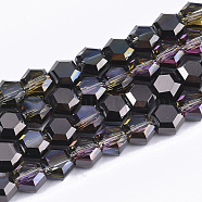 Electroplate Glass Beads Strands, Half Plated, Faceted, Hexagon, Black, 5x6x4mm, Hole: 1mm, about 100pcs/strand, 20.4 inch(X-EGLA-T018-03-A01)