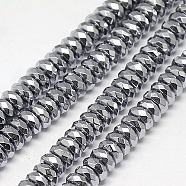 Electroplate Non-magnetic Synthetic Hematite Beads Strands, Faceted, Rondelle, Grade A, Platinum Plated, 6x3mm, Hole: 1mm, about 130pcs/strand, 16 inch(G-J160-D-01)