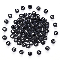 黒の不透明なアクリルビーズ, 白い数字でフラットラウンド, 7x3.5ミリ, 穴：1.2ミリ, 約100個/袋。