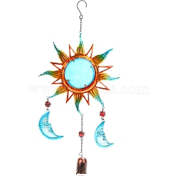 Glass & Iron Pendant Decorations, Wind Chimes, for Home Decoration, Sun & Moon, Deep Sky Blue, 485x230mm(PW-WG92256-01)