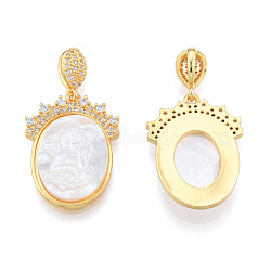 Brass Micro Pave Clear Cubic Zirconia Pendants, with Shell, Nickel Free, Real 18K Gold Plated, Oval with Angel, Creamy White, 27x20x4mm, Hole: 2.5x6mm(KK-N227-136)