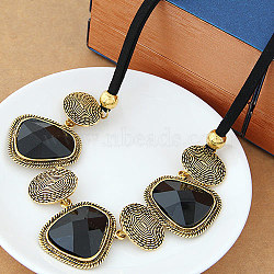 Exaggerated Alloy Glass Trapezoid Oval Statement Bib Necklaces for Women, Black, Antique Golden, 15.75 inch(40cm)(WG667FB-01)