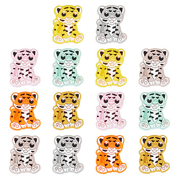 14Pcs 7 Colors Tiger Food Grade Eco-Friendly Silicone Beads, Chewing Beads For Teethers, DIY Nursing Necklaces Making, Mixed Color, 30x24x9mm, Hole: 2mm, 2pcs/color