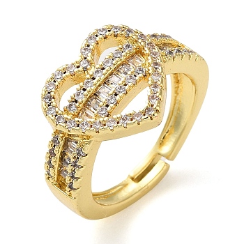 Rack Plating Brass Micro Pave Cubic Zirconia Open Cuff Rings, Real 18K Gold Plated, Heart, Adjustable
