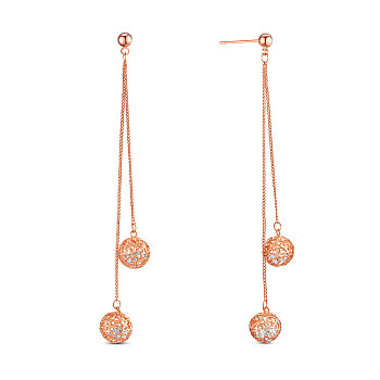 SHEGRACE Brass Cubic Zirconia Dangle Stud Earrings, with Curb Chains and Hollow Round Beads, Rose Gold, 76mm