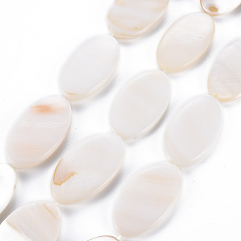 Natural Freshwater Shell Beads Strands, Oval, Seashell Color, 34~35x19~20x4~5mm, Hole: 0.6mm, about 34~35pcs/strand, 14.96 inch(38~38.5cm)