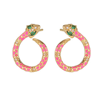 Cubic Zirconia Snake Stud Earrings with Enamel, Golden Plated Brass Jewelry for Women, Deep Pink, 20.5x17mm