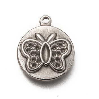 304 Stainless Steel Pendant Rhinestone Settings, Flat Round with Butterfly, Stainless Steel Color, Fit for 0.8mm Rhinestone, 17x14x2.5mm, Hole: 1.4mm