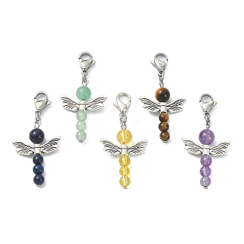 Natural & Synthetic Gemstone Pendant Decorations, with Tibetan Style Alloy Beads and 304 Stainless Steel Lobster Claw Clasps, Angel, 42mm, 5pcs/set
