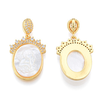 Brass Micro Pave Clear Cubic Zirconia Pendants, with Shell, Nickel Free, Real 18K Gold Plated, Oval with Angel, Creamy White, 27x20x4mm, Hole: 2.5x6mm