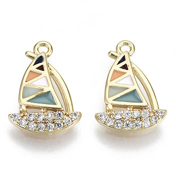 Brass Micro Pave Cubic Clear Zirconia Charms, with Enamel, Nickel Free, Boat, Real 18K Gold Plated, Colorful, 12x9x2.5mm, Hole: 1mm