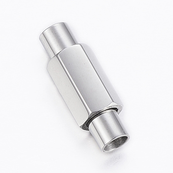 Smooth 304 Stainless Steel Magnetic Clasps with Glue-in Ends, Column, Faceted, Stainless Steel Color, 16.5x6x5.5mm, Hole: 3mm