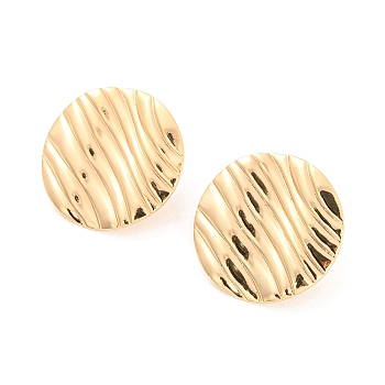 Rack Plating Brass Stud Earring Findings, with Vertical Loops, Textured Flat Round, Real 18K Gold Plated, 25mm, Hole: 2.5mm, Pin: 0.8mm