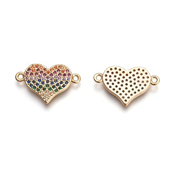 Brass Micro Pave Cubic Zirconia Links, Heart, Colorful, Golden, 12x19.5x2mm, Hole: 1.5mm