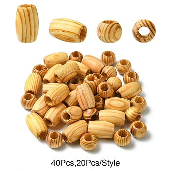 40Pcs 2 Styles Pinewood Beads, Barrel, BurlyWood, 20~30x15~20mm, Hole: 10mm, 20pcs/style
