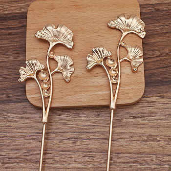 Iron Hair Stick Findings, with Alloy Cabochons Setting, Leaf, Light Gold, 120x2.5mm, Tray: 6mm and 8mm and 10mm
