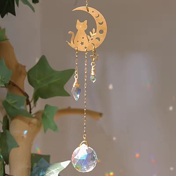 Teardrop Glass Suncatchers, Moon & Cat Hanging Ornaments, Rainbow Maker, for Garden & Home Decoration, Golden, 350mm