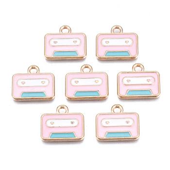 Alloy Charms, Cadmium Free & Lead Free, with Enamel, Cassette Tape, Light Gold, Pink, 14x16x1mm, Hole: 2mm