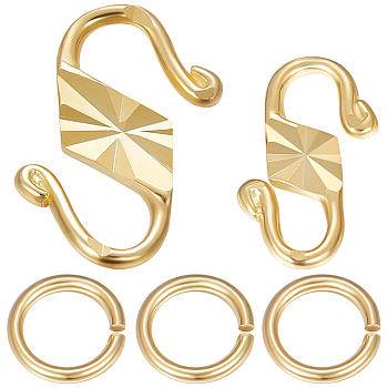 Beebeecraft 4Pcs 2 Size 925 Sterling Silver S-Hook Clasps, with 4Pcs Open Jump Rings, Real 18K Gold Plated, 9~11.5x5.5~8.5x1mm, 2Pcs/size