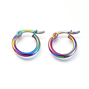 201 Stainless Steel Hoop Earrings, with 304 Stainless Steel Pin, Hypoallergenic Earrings, Ring Shape, Rainbow Color, 14x2mm, 12 Gauge, Pin: 1mm