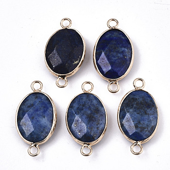 Natural Lapis Lazuli  Links Connectors, with Light Gold Tone Brass Findings, Oval, Faceted, 27.5x14.5x6mm, Hole: 2mm