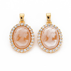 Brass Lilac Cubic Zirconia Pendants, with Cameo Resin, Nickel Free, Oval, Dark Salmon, 20x14x4mm, Hole: 4x2.5mm(KK-N233-121C-NF)