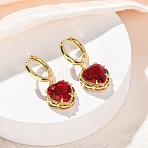 Valentine's Day Heart Brass & Glass Hoop Earrings, Lead Free & Cadmium Free, Long-Lasting Plated, Rack Plating, Real 18K Gold Plated, Red, 28x12.5mm(EJEW-Z164-23G-01)