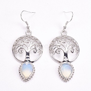 Brass Dangle Earrings, Synthetic Opalite, Faceted, Hollow Flat Round with Tree of Life and Teardrop, Platinum, 66mm, Pin: 0.6mm(EJEW-G240-B02)