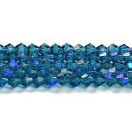 Transparent Electroplate Glass Beads Strands, AB Color Plated, Faceted, Bicone, Steel Blue, 6x6mm, Hole: 1mm, about 45~47pcs/strand, 9.65~9.84 inch(24.5~25cm)(EGLA-A039-T6mm-L01)