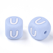Food Grade Eco-Friendly Silicone Beads, Horizontal Hole, Chewing Beads For Teethers, DIY Nursing Necklaces Making, Letter Style, Cube, Light Sky Blue, Letter.U, 10x10x10mm, Hole: 2mm(SIL-R011-10mm-02U)