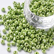 6/0 Glass Seed Beads, Opaque Colors Lustered, Round, Round Hole, Green Yellow, 6/0, 4mm, Hole: 1.5mm, about 450pcs/50g, 50g/bag, 18bags/2pound(SEED-US0003-4mm-124)