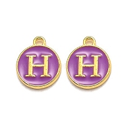 Golden Plated Alloy Enamel Charms, Enamelled Sequins, Flat Round with Alphabet, Letter.H, Purple, 14x12x2mm, Hole: 1.5mm(ENAM-Q437-12H)
