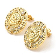 Brass Micro Pave Cubic Zirconia Stud Earrings, Flat Round with Lion, Real 16K Gold Plated, 20.5x20.5mm(EJEW-E600-01G)