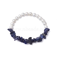 Natural Lapis Lazuli Chip & Round Pearl Shell Stretch Bracelets for Women, Inner Diameter: 1-7/8 inch(4.7cm)(BJEW-JB10552-01)