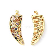 Brass Micro Pave Cubic Zirconia Pendants, Real 18K Gold Plated, Horn/Tusk Charm, Colorful, 43.5x17.5x6mm, Hole: 4x3.5mm(ZIRC-I063-46G-01)